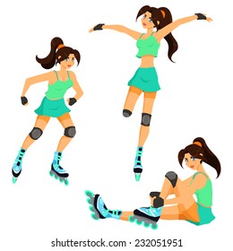 Young woman in summer clothes rides on roller skates. Girl expresses happiness and joy. Variants: Standing, sitting and skating . Vector color cartoon. 