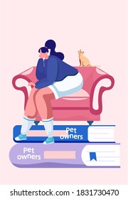 Young woman in summer clothes sits on a sofa with a ginger cat on a stack of books. Female at home is resting with a pet looking up. Romantic or thoughtful girl dreaming with a kitty flat vector