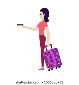 Young woman in summer clothing with purple travel suitcase, plastic bag holding airplane tickets smiling. Happy female character, traveller, tourist going to vacation. Vector illustration