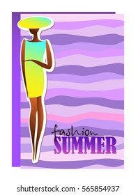 Young woman in summer dress for the colorful background of wavy stripes. Vector illustration