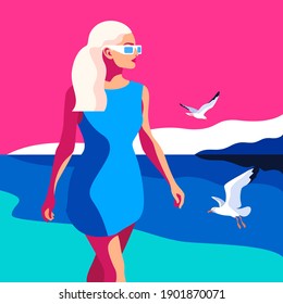 Young woman in summer dress and sunglasses walking on the beach. Sea background with gulls. Vector illustration