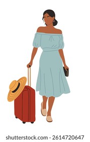 Young woman in summer dress walking with suitcase and sun hat. Summer vacation and travelling concept. Colorful flat vector illustration isolated on white background