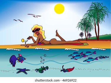 The young woman sunbathes on a beach on a background of palm trees