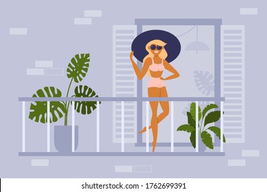 Young Woman Sunbathing On Balcony Of Residential Building. Girl In Swimsuit, Hat And Glasses Tans Under Sun On Open Terrace In Apartment. Summer Time 2020 At Home. Self Isolation Vector Illustration.