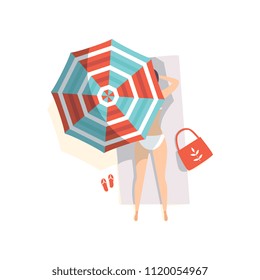 Young woman sunbathing on the beach under umbrella, top view vector Illustration on a white background