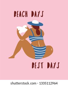 Young woman sunbathing on the beach and reading a book. Vector summer  illustration with text - Beach days = Best days.