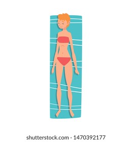 Young Woman Sunbathing on Beach Towel, Top View of Lying Girl in Red Bikini Vector Illustration