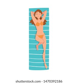 Young Woman Sunbathing on Beach Towel, Top View of Lying Girl in Orange Bikini Vector Illustration