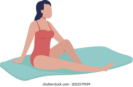 Young woman sunbathing on beach semi flat color vector character. Posing figure. Full body person on white. Taking sunbath isolated modern cartoon style illustration for graphic design and animation