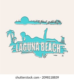 Young Woman Sunbathing On A Beach. Palm And Lifeguard Tower And Laguna Beach Text