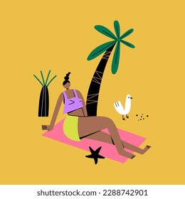 A young woman is sunbathing on the beach.  Female character, seagulls and palm trees. Color flat vector illustration
