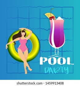 Young woman sunbathing on ring in pool. Vector illustration of young model floating on water with big cocktail. Pool party invitation template, summer menu, vacation cruise cartoon poster.