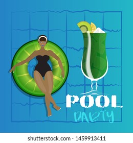 Young woman sunbathing on ring in pool. Vector illustration of young model floating on water with big cocktail. Pool party invitation template, summer menu, vacation cruise cartoon poster.