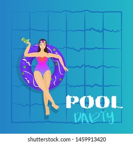 Young woman sunbathing on ring in pool. Vector illustration of young model floating on water with big cocktail. Pool party invitation template, summer menu, vacation cruise cartoon poster.