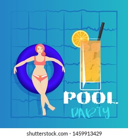 Young woman sunbathing on ring in pool. Vector illustration of young model floating on water with big cocktail. Pool party invitation template, summer menu, vacation cruise cartoon poster.