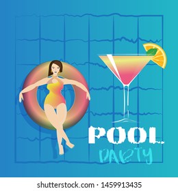 Young woman sunbathing on ring in pool. Vector illustration of young model floating on water with big cocktail. Pool party invitation template, summer menu, vacation cruise cartoon poster.