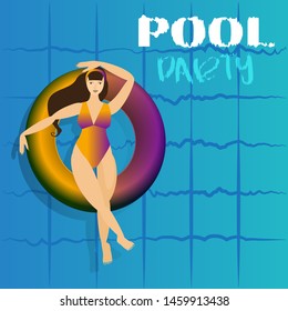 Young woman sunbathing on ring in pool. Vector illustration of young model floating on water with big cocktail. Pool party invitation template, summer menu, vacation cruise cartoon poster.