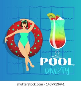 Young woman sunbathing on ring in pool. Vector illustration of young model floating on water with big cocktail. Pool party invitation template, summer menu, vacation cruise cartoon poster.