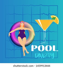 Young woman sunbathing on ring in pool. Vector illustration of young model floating on water with big cocktail. Pool party invitation template, summer menu, vacation cruise cartoon poster.
