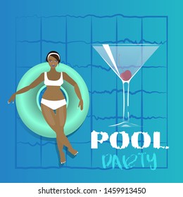 Young woman sunbathing on ring in pool. Vector illustration of young model floating on water with big cocktail. Pool party invitation template, summer menu, vacation cruise cartoon poster.