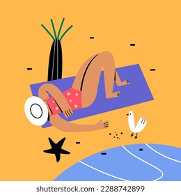 Young woman is sunbathing on the seashore.  Female character, palm tree and seagulls. Color flat vector illustration