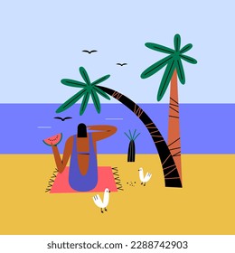 Young woman is sunbathing on the seashore.  The female character eats a watermelon and enjoys the sea view. Color flat vector illustration