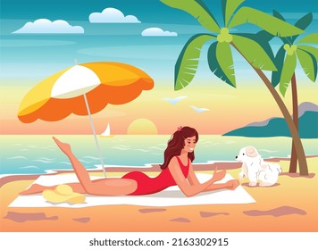 A young woman is sunbathing on a towel and playing with a dog under a summer umbrella. Flat illustration. Vector illustration