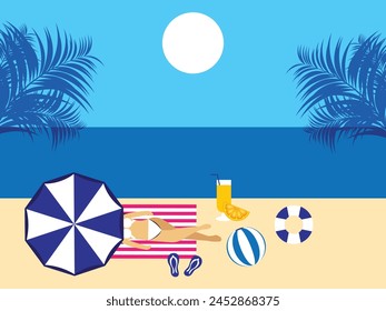 Young woman sunbathing on towel. Resort on summer holidays. Girl rests on the beach under umbrella
