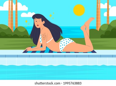 Young woman, sunbathing at swimming pool, illustration.