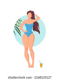 Young woman is sunbathing and wearing swimsuit on the sky background. Beach holiday vacation mood. Summer girl concept illustration in flat style