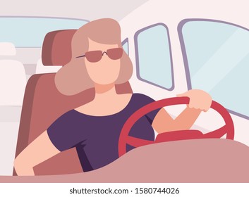 Young Woman in Sunglasses Driving a Car, View from the Inside, Female Driver Character Holding Hands on a Steering Wheel Vector Illustration