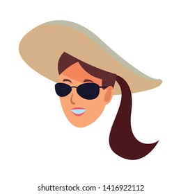 Young woman with sunglasses and hat face cartoon