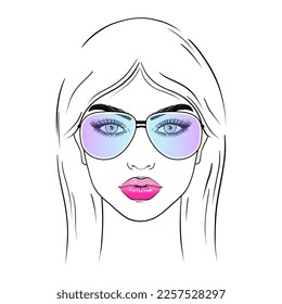 Young woman in sunglasses on white background.Hand drawn illustration.