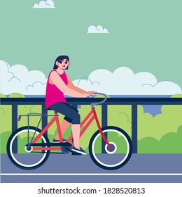 Young woman in sunglasses riding bicycle. Summer bike ride. Girl transporting basket Concept of healthy lifestyle, sports. Decorative design element for prints, cards