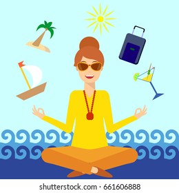 Young woman with sunglasses sits against sea in yoga lotus pose and meditates. Icons of sun, suitcase, martini glass, palm trees and boat. The concept of vacation, travel. Flat design illustration. 