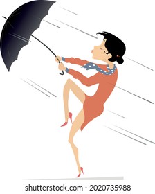 Young woman in sunglasses with an umbrella stays on the strong wind isolated on white