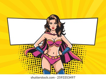 Young woman superhero in pop art style. On yellow background. Pop art in comics vector style
