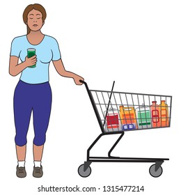 A young woman in a supermarket is checking the ingredients of a canned product