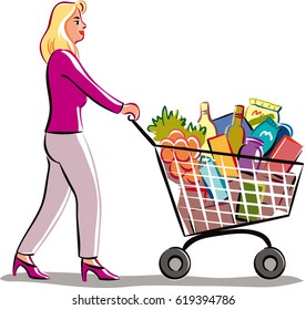 Beautiful Young Woman Shopping Cart Full Stock Vector (Royalty Free ...