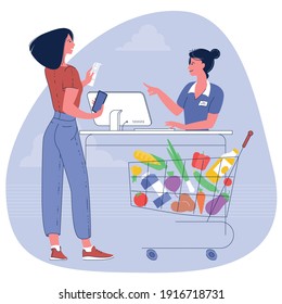 Young woman with supermarket shopping cart full of groceries cart enjoying with happy shopping. Flat design vector concept.