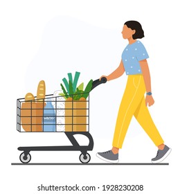 Joven con un carrito de compras en supermercado, lleno de comestibles. Ilustración vectorial plana aislada en fondo blanco.