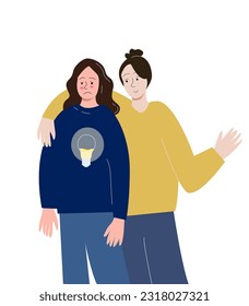 a young woman supports her sad friend, who has a faintly luminous light bulb depicted on her chest. concept of support, depression, breakdown