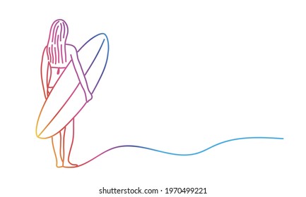 Young woman with surfboard. Back view. Hand drawn vector illustration. Color line.