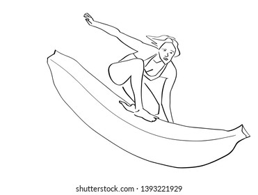 Young woman surfer in bikini on banana. Healthy food and active lifestyle symbol. Fun drawing. Vector design element. Isolated black contour. Hand drawn silhouette.