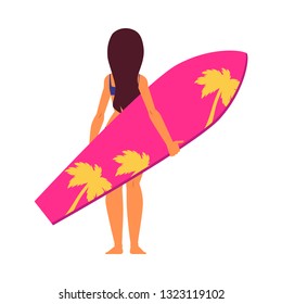 Young woman surfer in cartoon style standing backside with pink surfboard. Isolated vector illustration on white background.