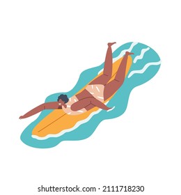 Young Woman Surfer Character in Bikini Lying on Surfboard Row with Hands Trying to Catch Big Sea Wave. Surfing Extreme Fun. Activity, Ocean Recreation on Tropical Resort. Cartoon Vector Illustration