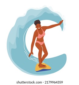 Young Woman Surfer Character in Bikini Stand on Surfboard with Hands Outspread Trying to Catch Balance on Big Sea Wave. Surfing Extreme Fun. Activity, Ocean Recreation. Cartoon Vector Illustration