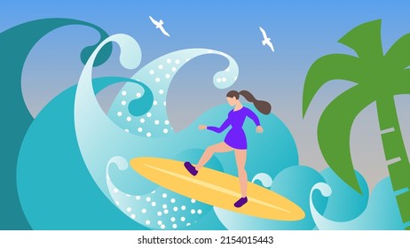 Young Woman Surfer In Rash Guard Shirt Standing On Board Among High Sea Waves