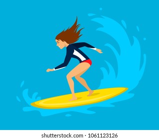 young woman surfer riding on wave. surfing water sport activity
