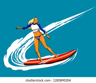 young woman surfer riding on blue wave. sports. vector